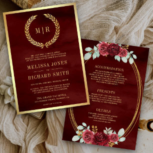 Invitación Rosas Rojas de Borgoña Monograma Todo en Uno Boda