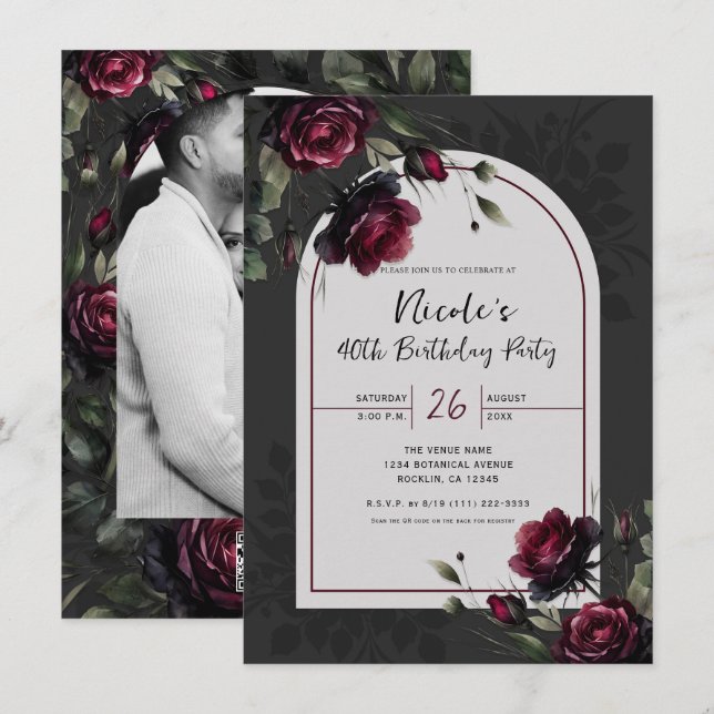Invitación Rosas Rojas de Burdeos Sombra Gris Cumpleaños Flor (Anverso / Reverso)