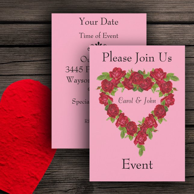 Invitación Rosas rojas de corazón (Romantic heart shaped wreath of red roses on pink party invitations weddings, showers, anniversaries)