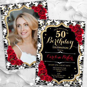 Invitación Rosas rojas de Damasco Blanco Negro Foto 50 cumple