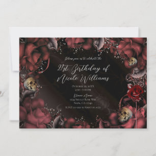 Invitación Rosas Rojas de Óxido Marrón y Cráneos Fiesta de Cu