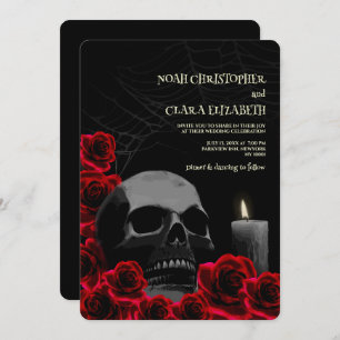 Invitación Rosas rojas del cráneo de Halloween negro gótico y
