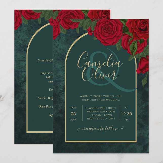 Invitación Rosas Rojas Doradas de Forest Green Boda de Invier (Anverso / Reverso)