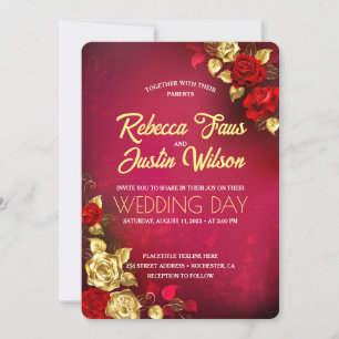 Invitación Rosas Rojas Doradas Floral Moderno Boho
