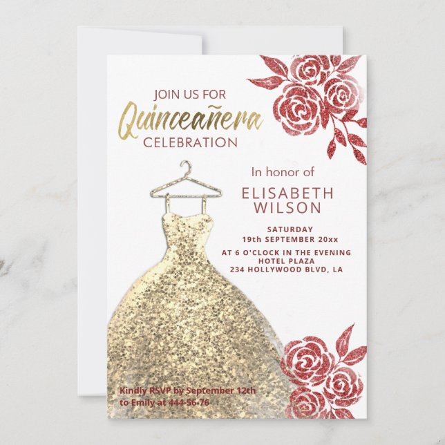 Invitación Rosas rojas doradas ropa Quinceañera (Anverso)