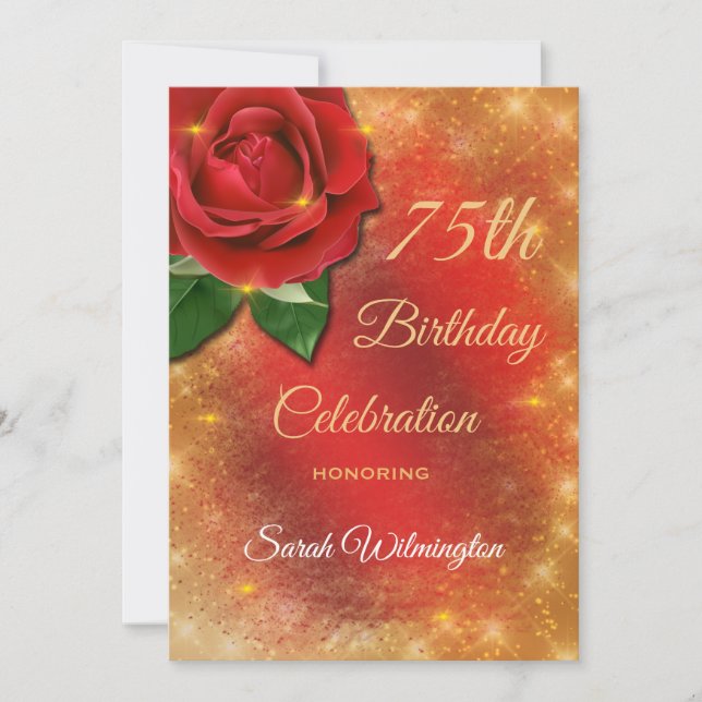 Invitación Rosas Rojas Doradas Sparkle Satin 75th Birthday (Anverso)