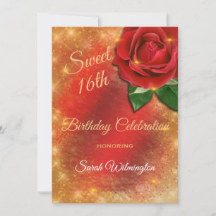 Invitación Rosas Rojas Doradas Sparkle Satin Sweet 16 Cumplea