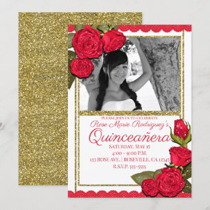 Invitación Rosas Rojas Dorado Brillo Quinceañera Fiesta de Cu