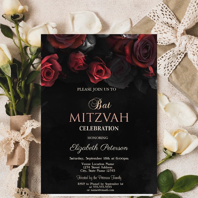 Invitación Rosas Rojas Elegantes Bat Mitzvah Gótico  (Subido por el creador)