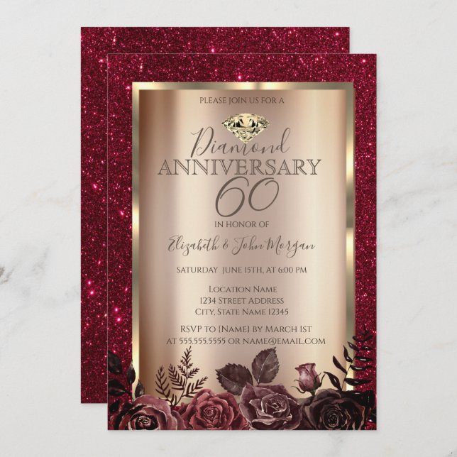 Invitación Rosas rojas elegantes brillan en aniversario de bo (Anverso / Reverso)