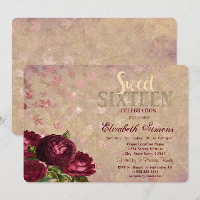 Invitación Rosas Rojas Elegantes Caídas de Hojas Dulces 16 (Anverso / Reverso)