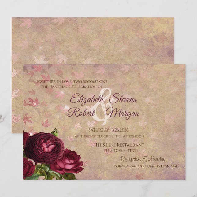 Invitación Rosas rojas elegantes cayendo hojas (Anverso / Reverso)