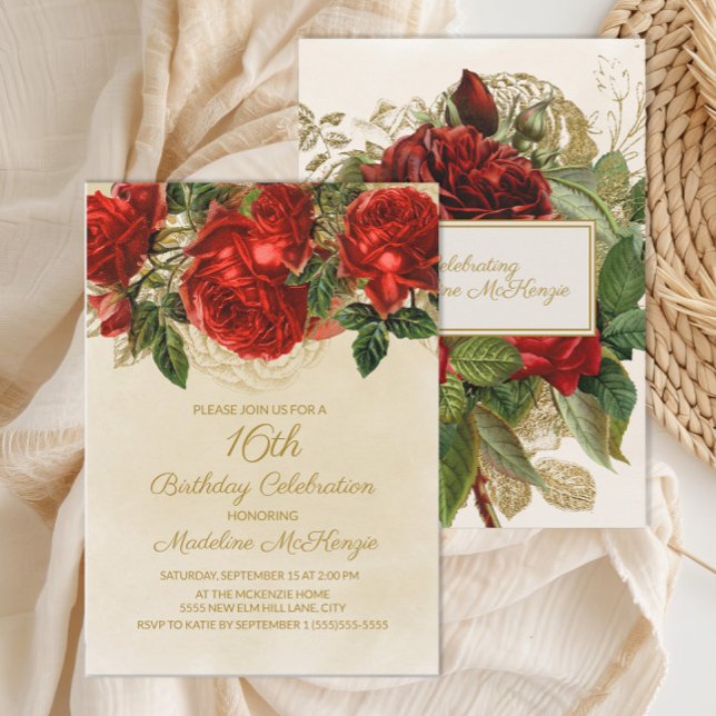 Invitación Rosas rojas elegantes champán Cumpleaños 16 (Elegant red roses on cream 16th birthday party invitation)
