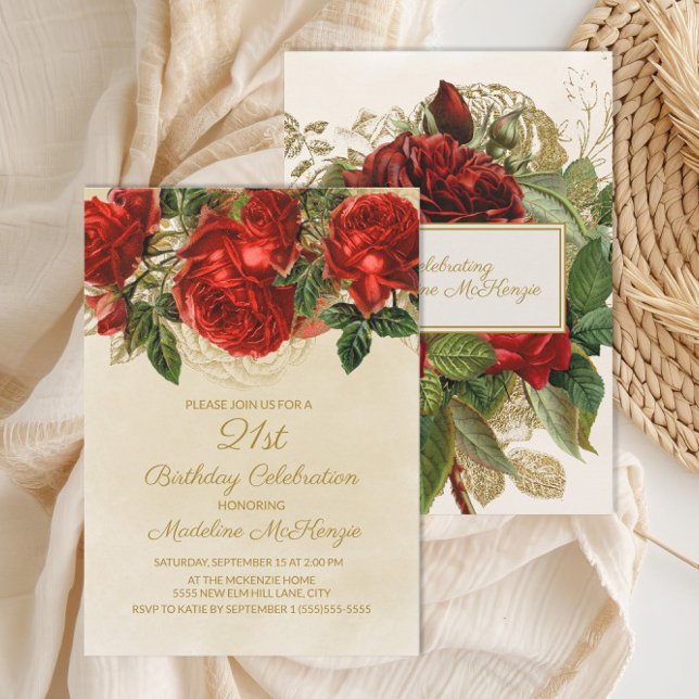 Invitación Rosas Rojas Elegantes Champán Cumpleaños 21 (Red roses 21st birthday party invitation)