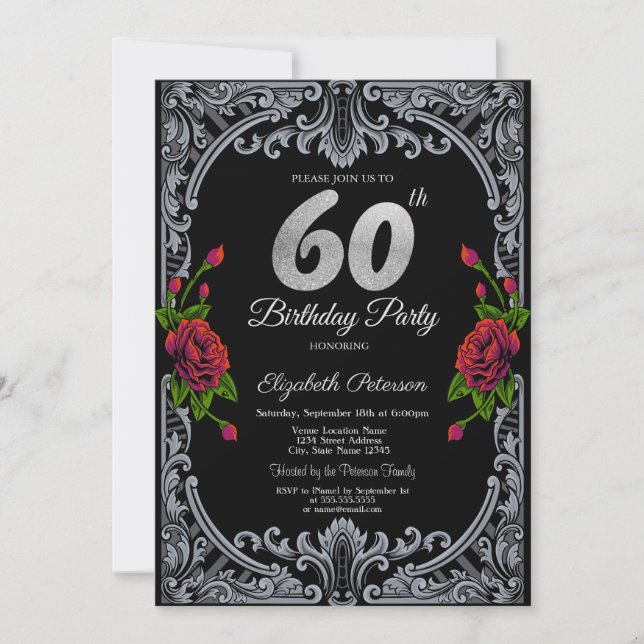 Invitación Rosas Rojas Elegantes con Rayas Góticas Cumpleaños (Anverso)