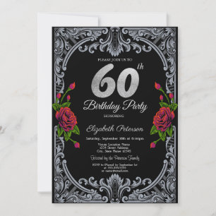 Invitación Rosas Rojas Elegantes con Rayas Góticas Cumpleaños