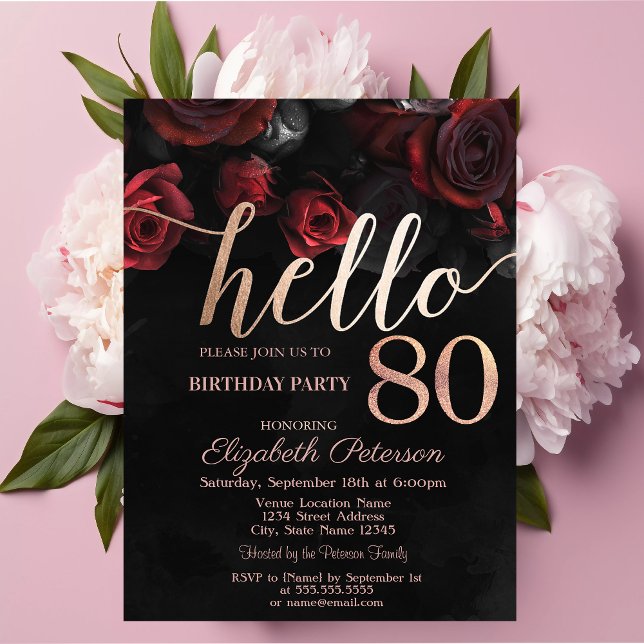 Invitación Rosas Rojas Elegantes Cumpleaños 80 Fiesta Negra (Subido por el creador)