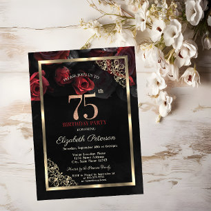 Invitación Rosas Rojas Elegantes Enmarcan 75 Cumpleaños Negro