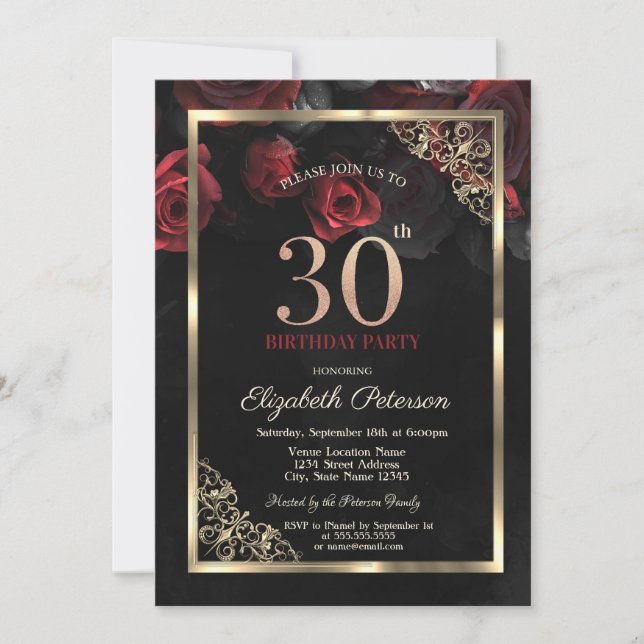 Invitación Rosas Rojas Elegantes Enmarcan Cumpleaños 30 Negro (Anverso)