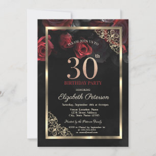 Invitación Rosas Rojas Elegantes Enmarcan Cumpleaños 30 Negro