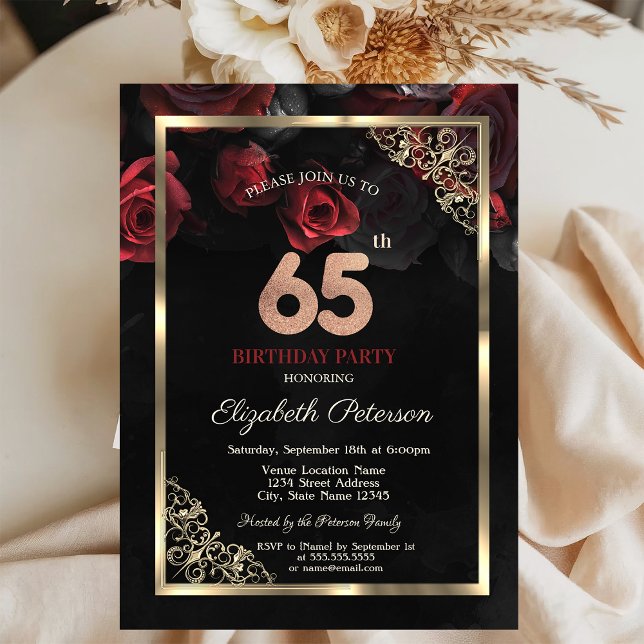 Invitación Rosas Rojas Elegantes Enmarcan Cumpleaños 65 Negro (Subido por el creador)