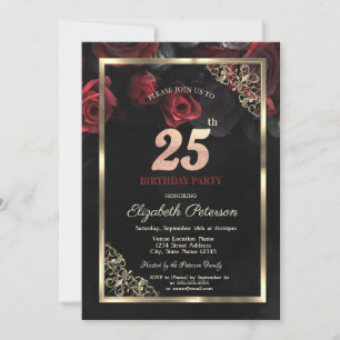 Invitación Rosas Rojas Elegantes Enmarcan Cumpleaños Negro 25