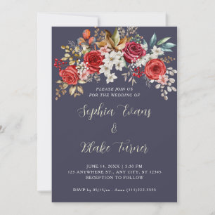 Invitación Rosas Rojas Elegantes Florales Boda Gris Pizarra