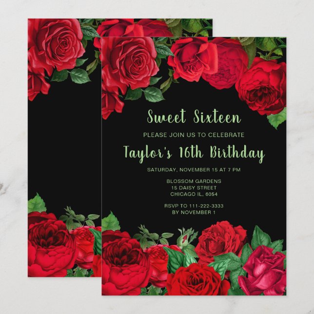 Invitación Rosas Rojas Elegantes Flores Dulces Dieciséis (Anverso / Reverso)