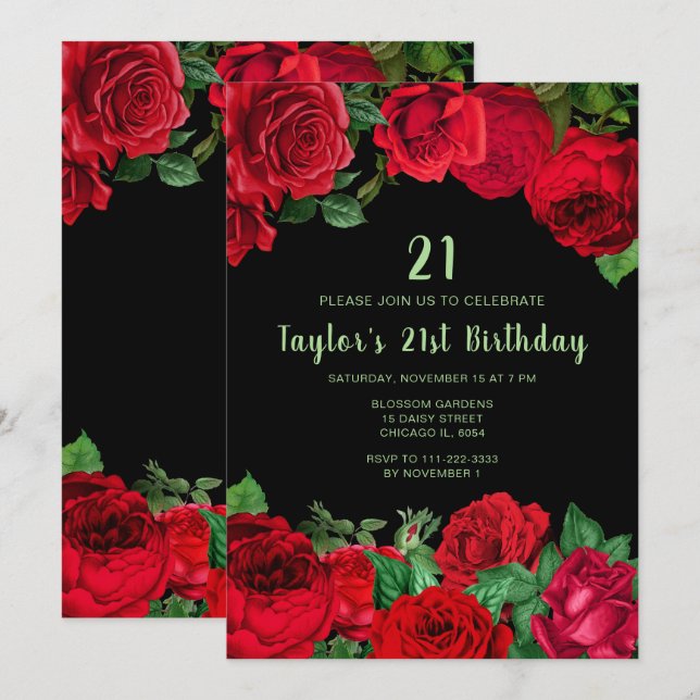 Invitación Rosas Rojas Elegantes Flores Fiesta de Cumpleaños (Anverso / Reverso)