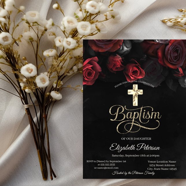 Invitación Rosas rojas elegantes góticas negras Bautizo (Subido por el creador)