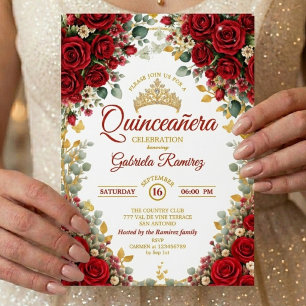 Invitación Rosas Rojas Elegantes Mariposas Doradas Quinceañer