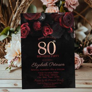 Invitación Rosas Rojas Elegantes Negras Cumpleaños 80