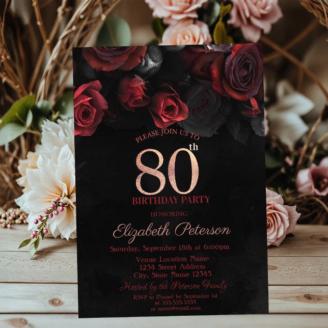 Invitación Rosas Rojas Elegantes Negras Cumpleaños 80 (Subido por el creador)
