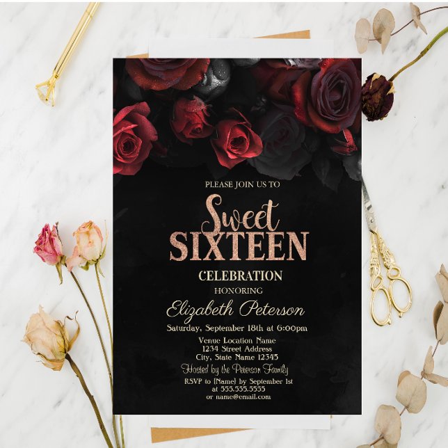 Invitación Rosas Rojas Elegantes Negras Cumpleaños Dulces 16 (Subido por el creador)