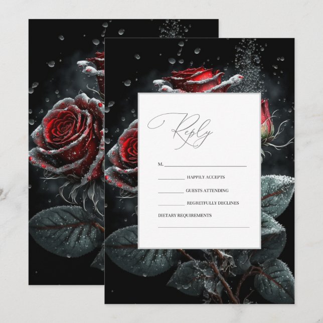 Invitación Rosas rojas elegantes negro RSVP   (Anverso / Reverso)