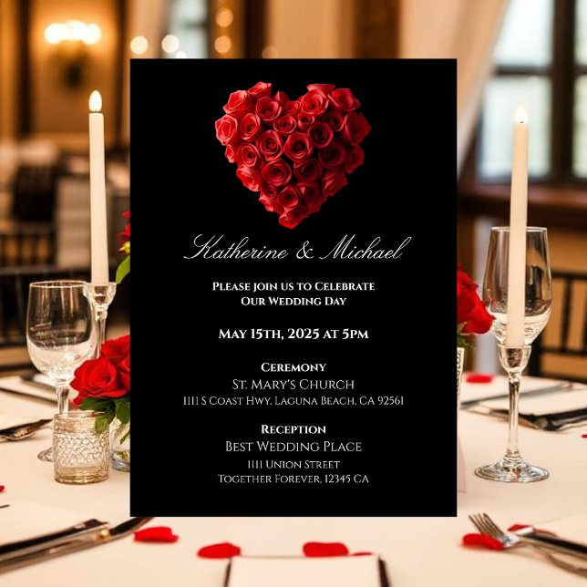 Invitación Rosas Rojas en Forma de Corazón- (Wedding Invitation Red Roses in the Shape of a Heart- Black White and Red)