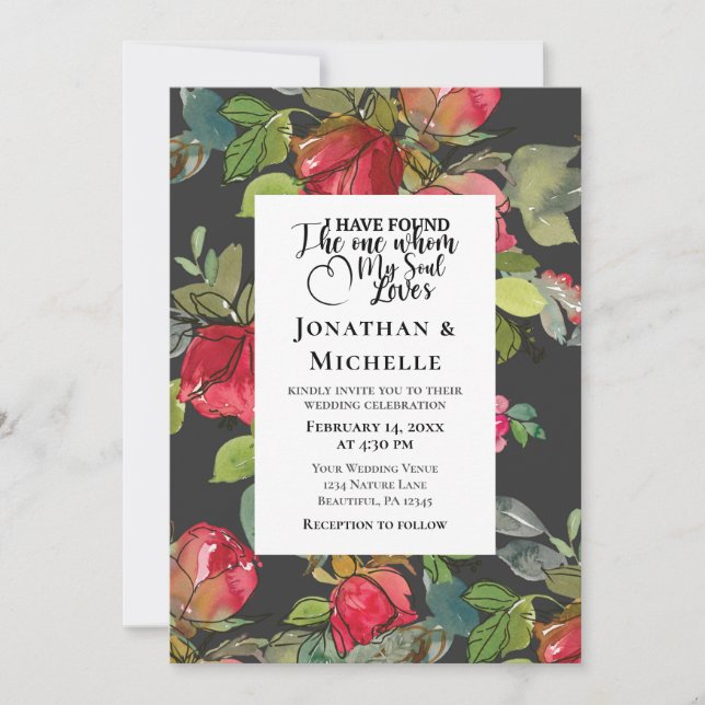 Invitación Rosas rojas en negro elegante Boda cristiano (Anverso)