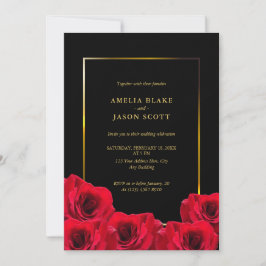 Invitación Rosas rojas en negro | Marco dorado con Boda fotog