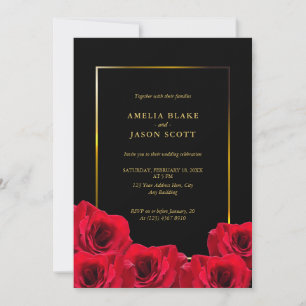 Invitación Rosas rojas en negro   Marco dorado con Boda fotog