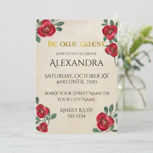 Invitación Rosas rojas en papel pergamino (Anverso de pie)