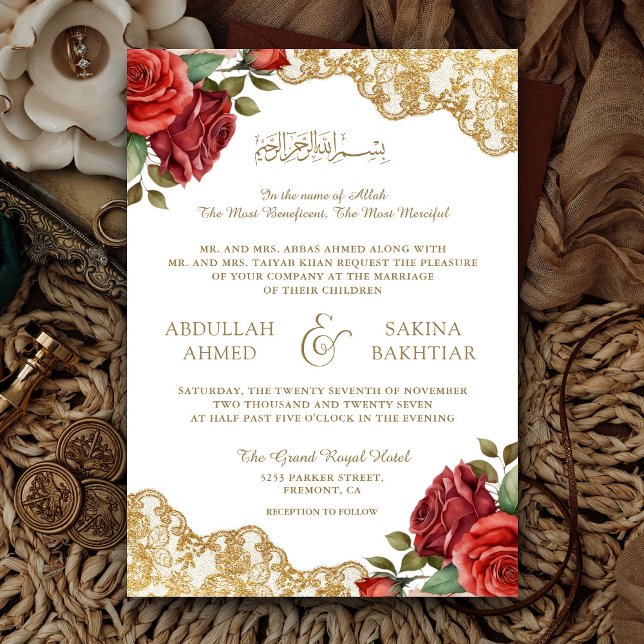 Invitación Rosas Rojas Encaje Dorado Código QR Boda Musulmana (Subido por el creador)