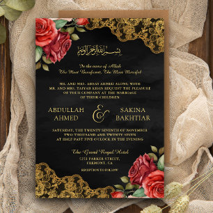 Invitación Rosas Rojas Encaje Dorado Código QR Boda Musulmana