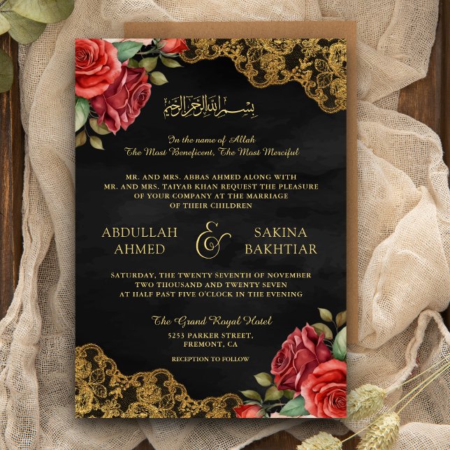 Invitación Rosas Rojas Encaje Dorado Código QR Boda Musulmana (Subido por el creador)