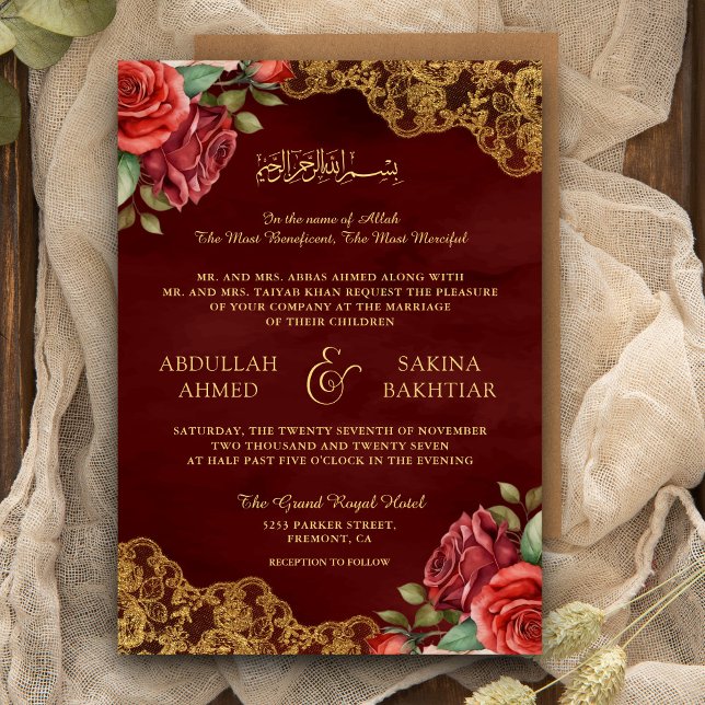 Invitación Rosas Rojas Encaje Dorado Código QR Bodas Musulman (Subido por el creador)