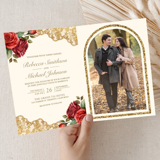 Invitación Rosas Rojas Encaje Dorado Código QR Foto Boda (Subido por el creador)