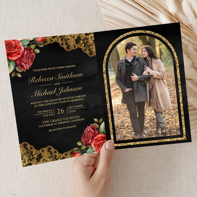 Invitación Rosas Rojas Encaje Dorado Código QR Foto Boda (Subido por el creador)