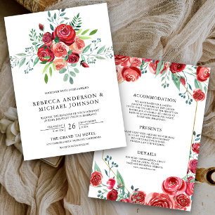 Invitación Rosas Rojas Floral Bouquet todo en un Boda