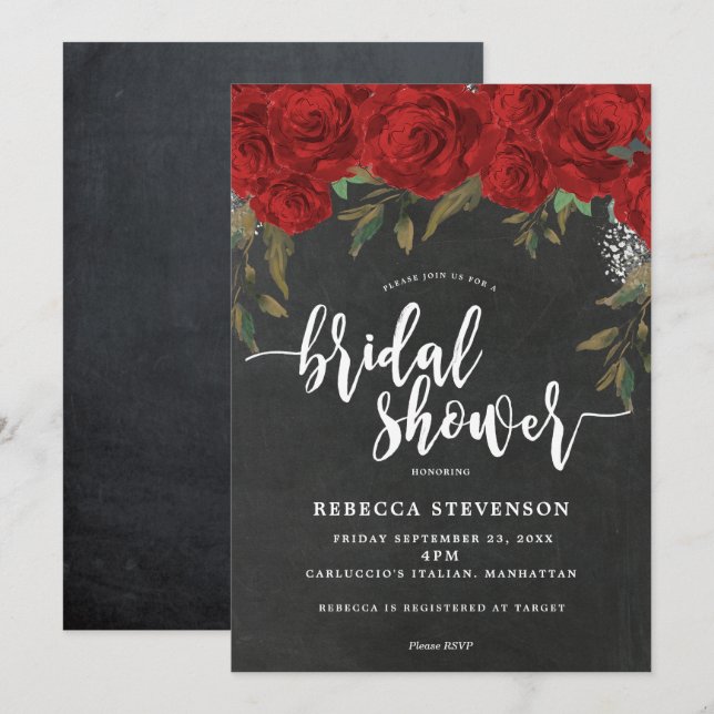 Invitación rosas rojas floral ducha de novia tiza de invitaci (Anverso / Reverso)