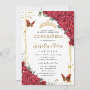 Invitación Rosas Rojas Florales Mariposas Doradas Quinceañera