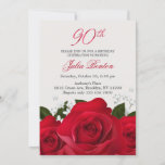 Invitación Rosas rojas, flores blancas 90 cumpleaños<br><div class="desc">Elegante invitación a la fiesta de cumpleaños número 90 con rosas rojas y flores blancas pequeñas.</div>